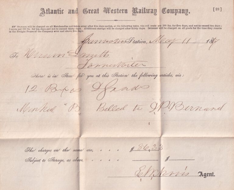 Atlantic and Great Western Railway Freight Bill Jamestown, NY 1867