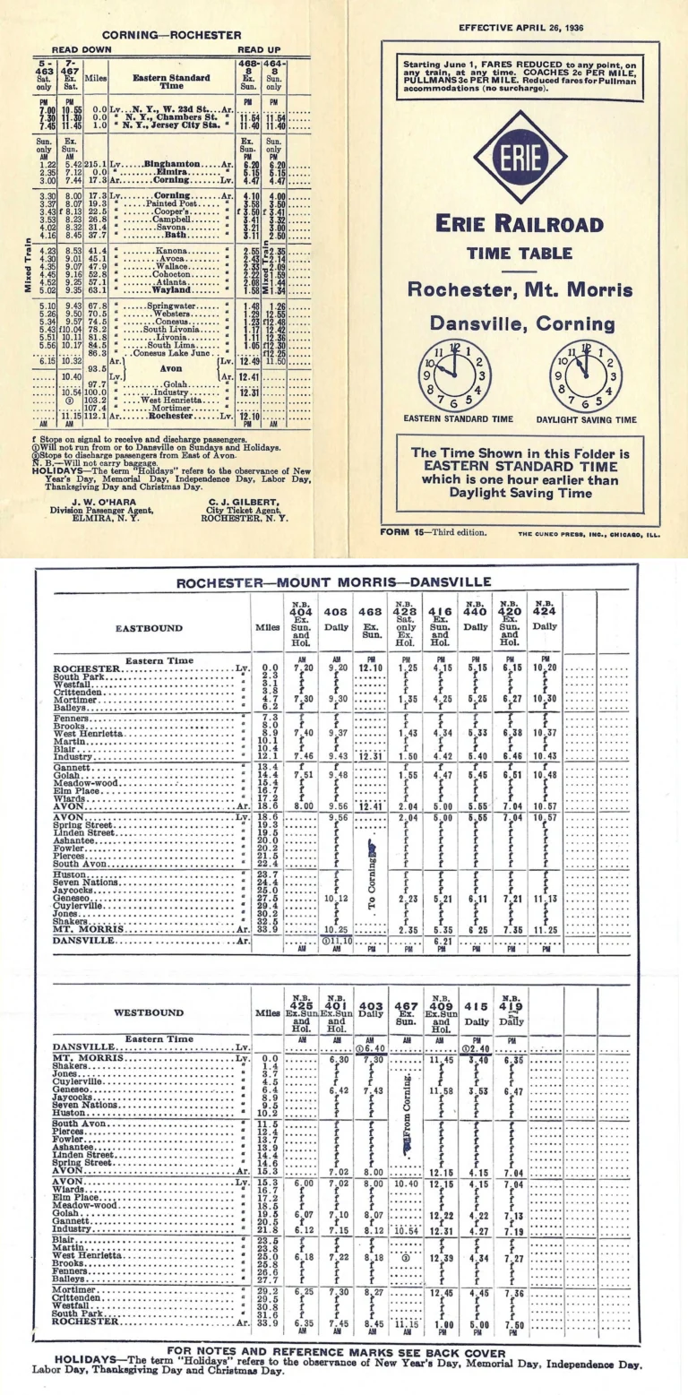 Timetable: 1936-04-26 Erie timetable Rochester Mt Morris Branch
