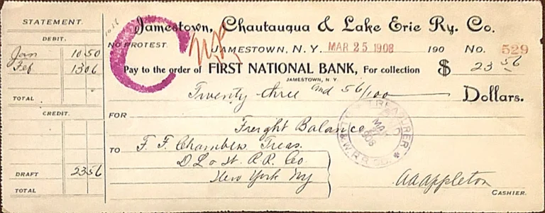1908-03-25 Jamestown, Chautauqua and Lake Erie Railway Check
