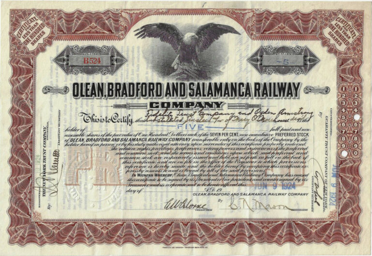 Olean, Bradford and Salamanca Railway Stock Certificate