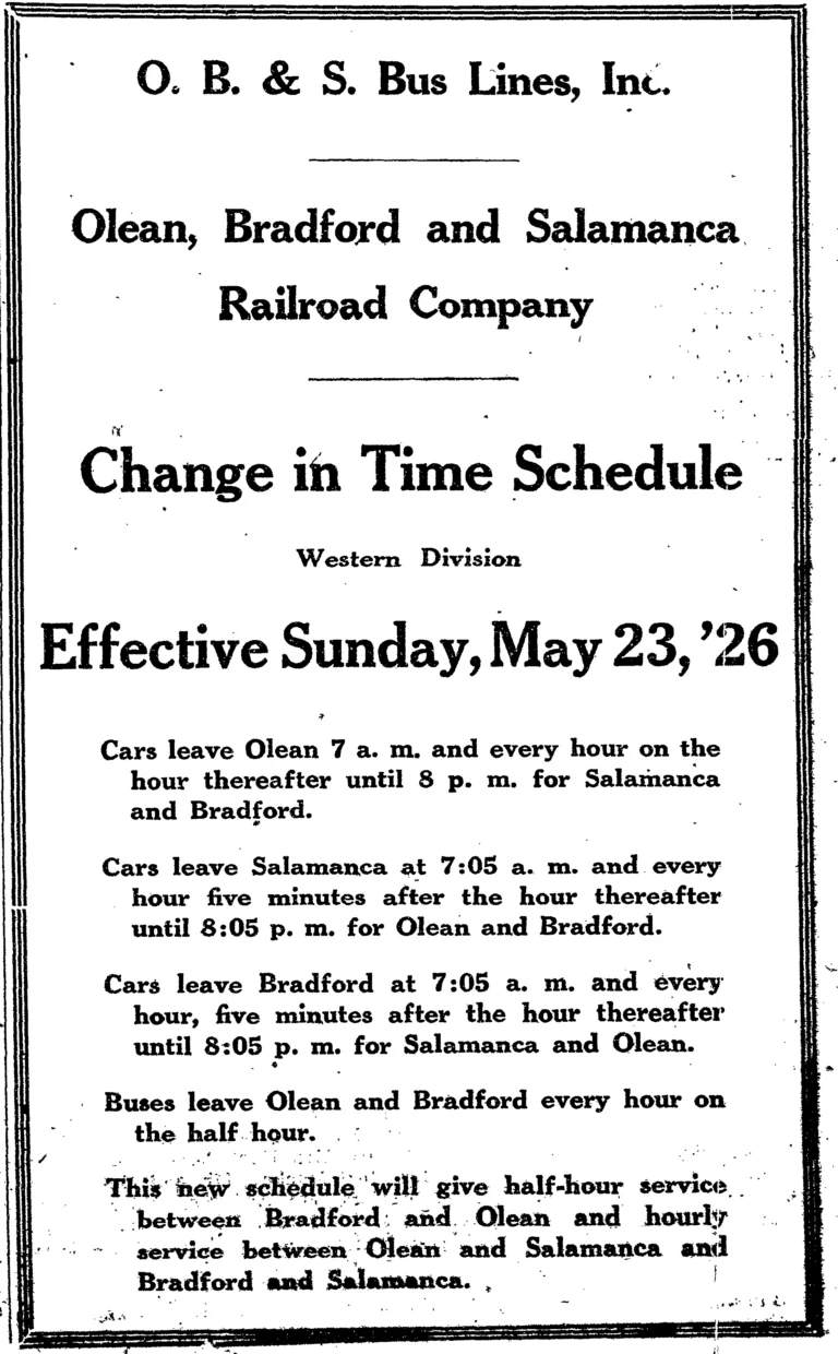 Timetable: 1926-05-23 Olean, Bradford and Salamanca Railway
