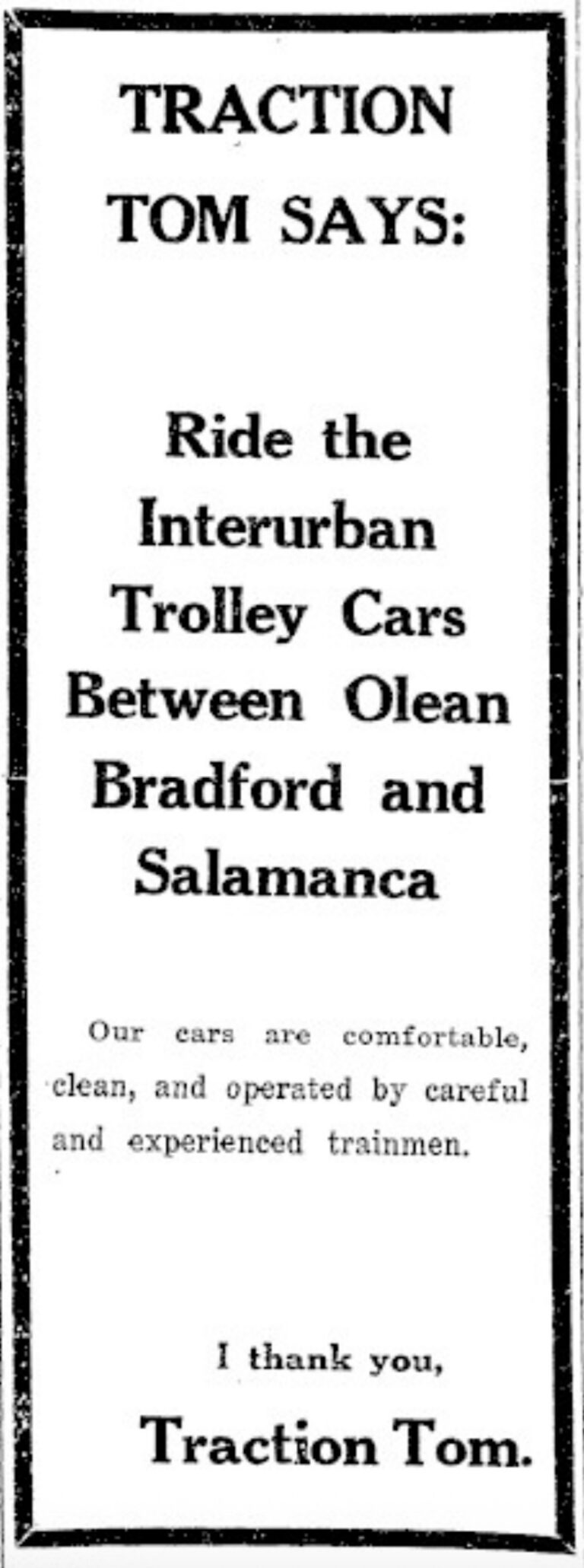 1926-01-01 Olean, Bradford and Salamanca Railway Ad